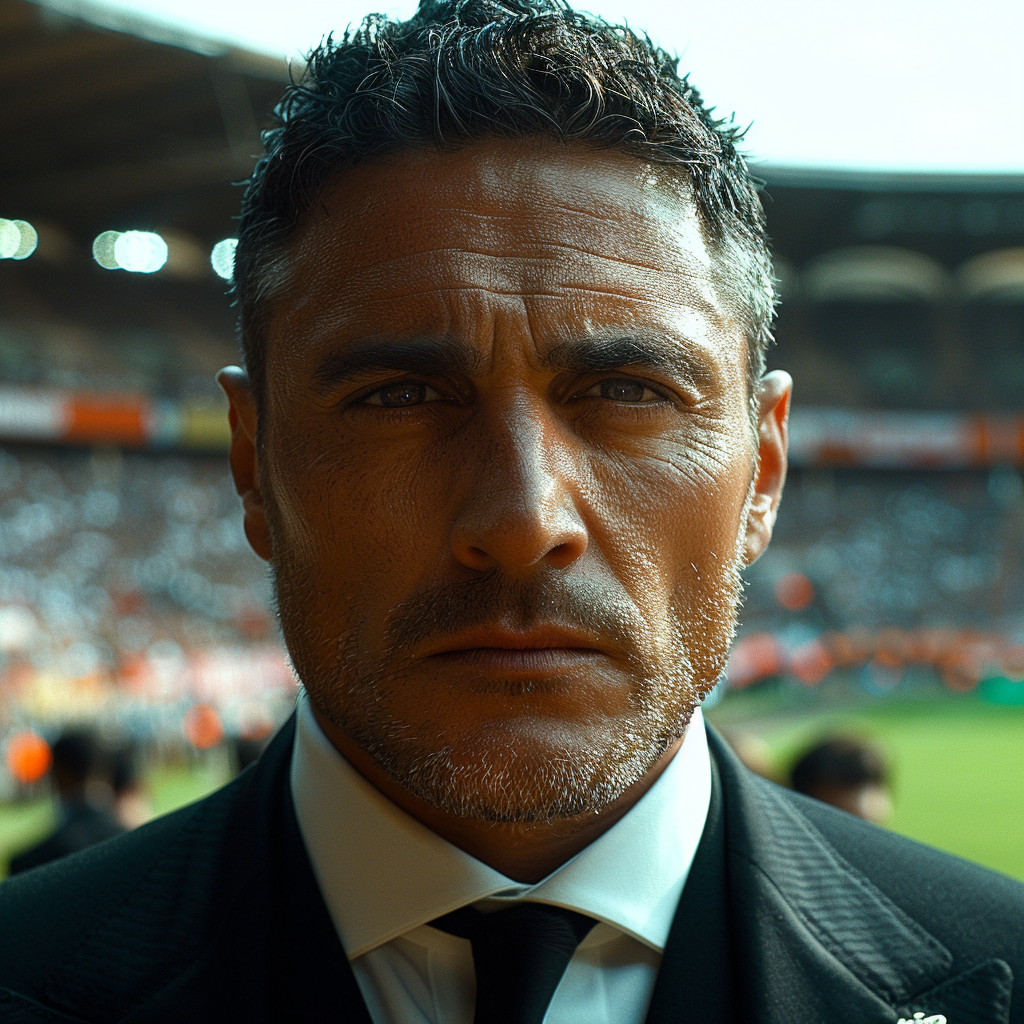 Italian football manager, Neri Cresci, intense on sidelines.