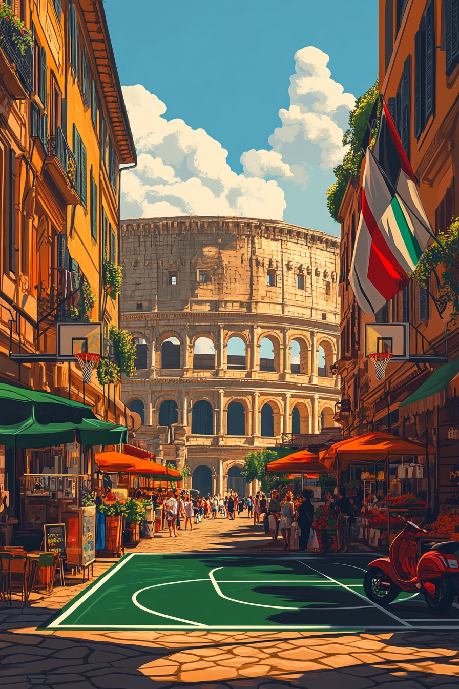 Italian-inspired basketball court with vibrant flag colors and locals.