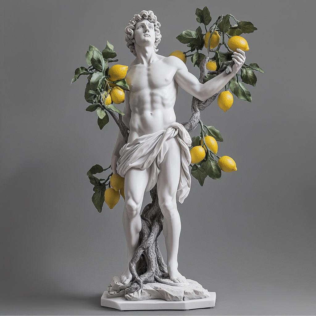 Italian male statue surrounded by lemon trees, looking up.