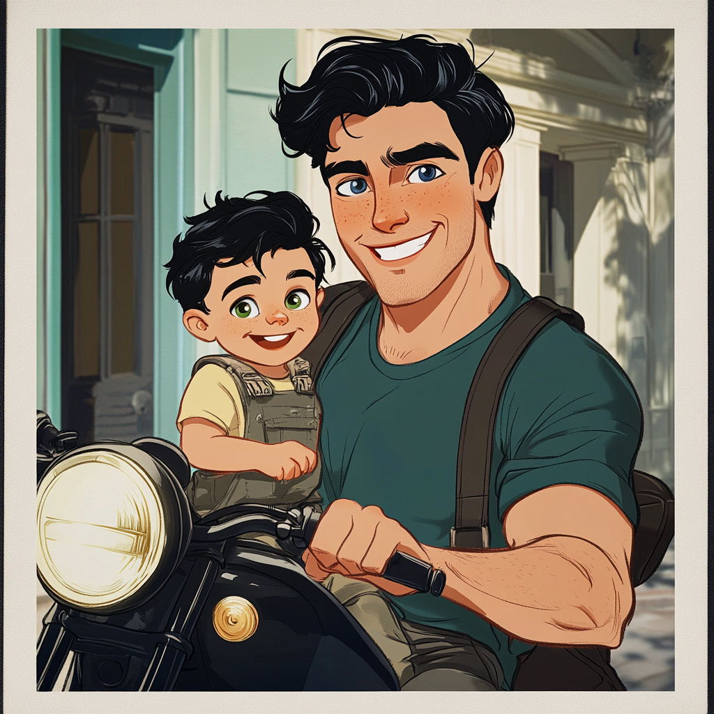 Italian man with toddler on motorcycle cartoon illustration