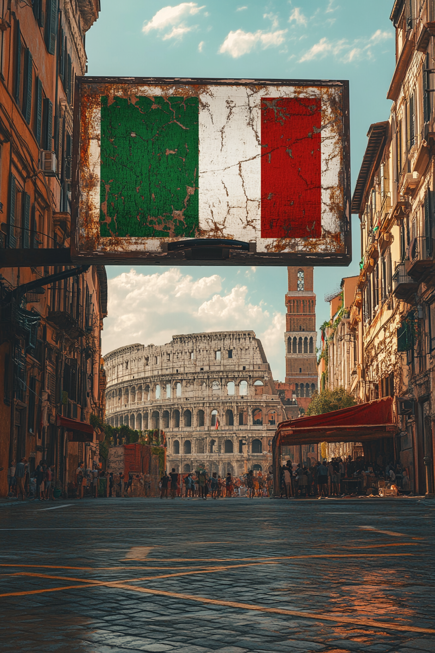 Italian-themed basketball backboard with flag, landmarks, locals.