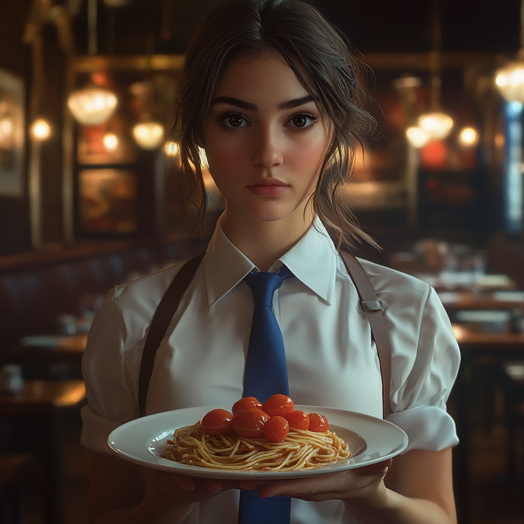 Italian waitress holds tomato pasta in luxurious restaurant.