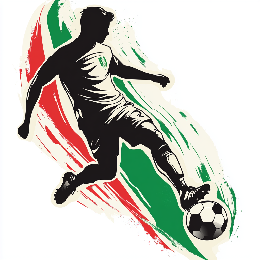 Italy soccer player kicking ball, dynamic movement, recognizable glyph.