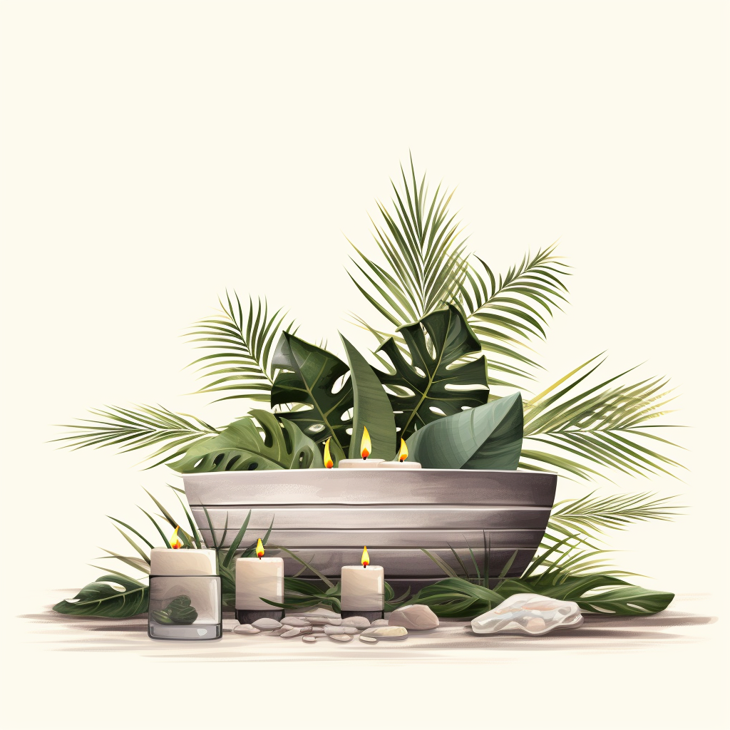 Jacuzzi illustration with palm leafs and candles