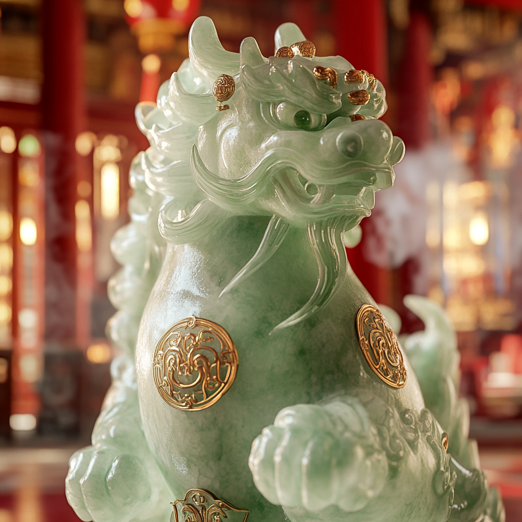 Jade Pi Xiu sculpture in front of Chinese temple