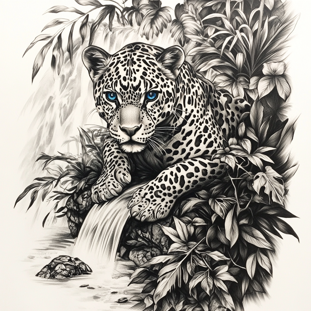 Jaguar in Jungle: Tattoo Design with Intricate Details