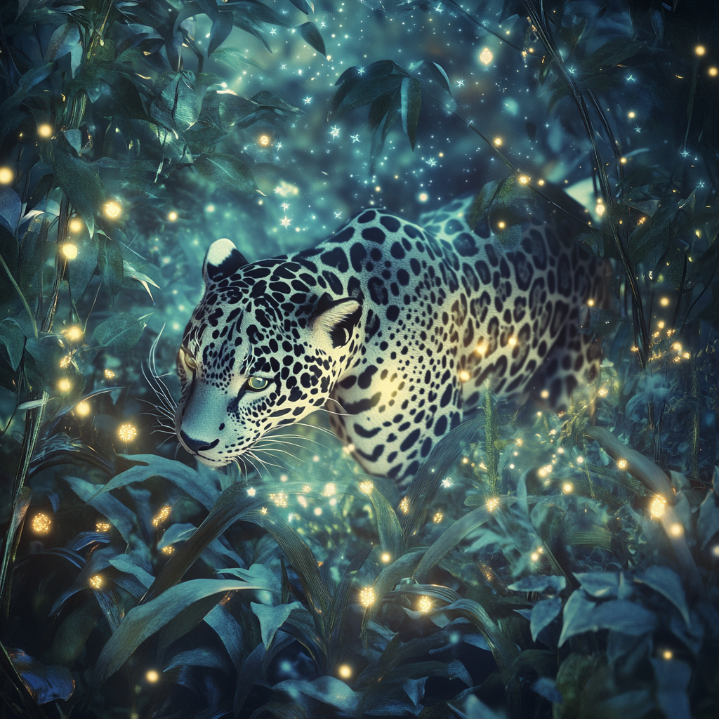 Jaguar with starry spots in surreal jungle scene.