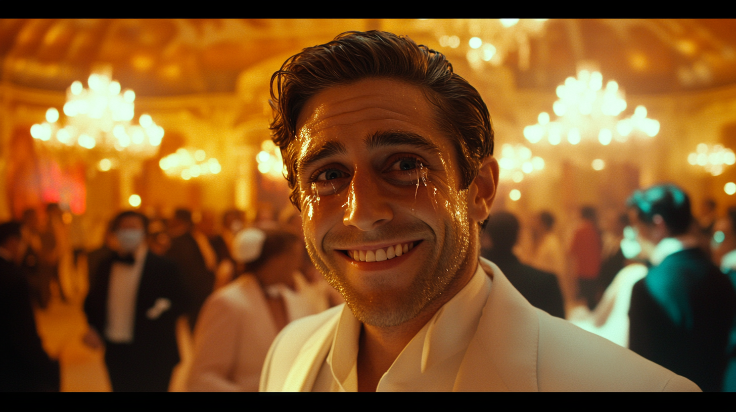 Jake Gyllenhall smiles with tears in elegant ballroom