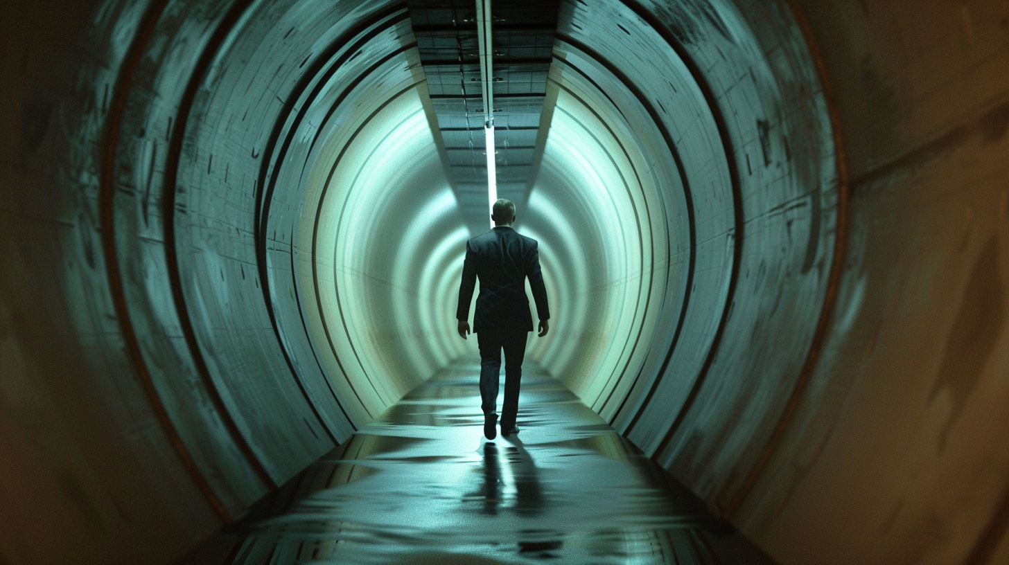 James Bond crouching in tunnel due to low ceiling.