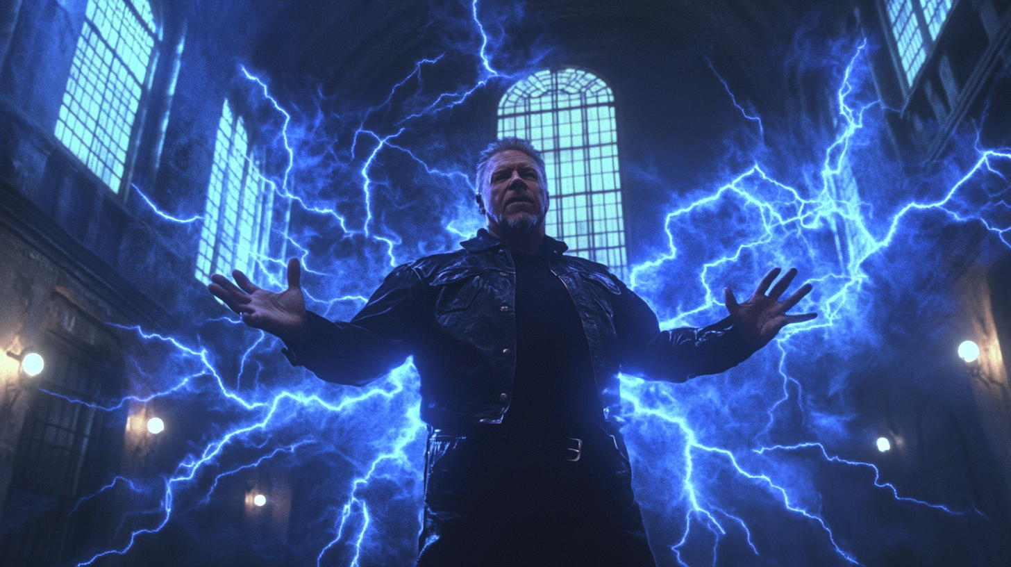 James Hetfield, in 1989, surrounded by blue lightning triumphant.