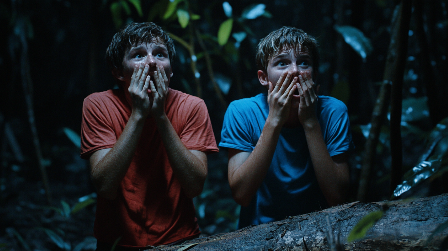 James and Mark shout for Sally in jungle.