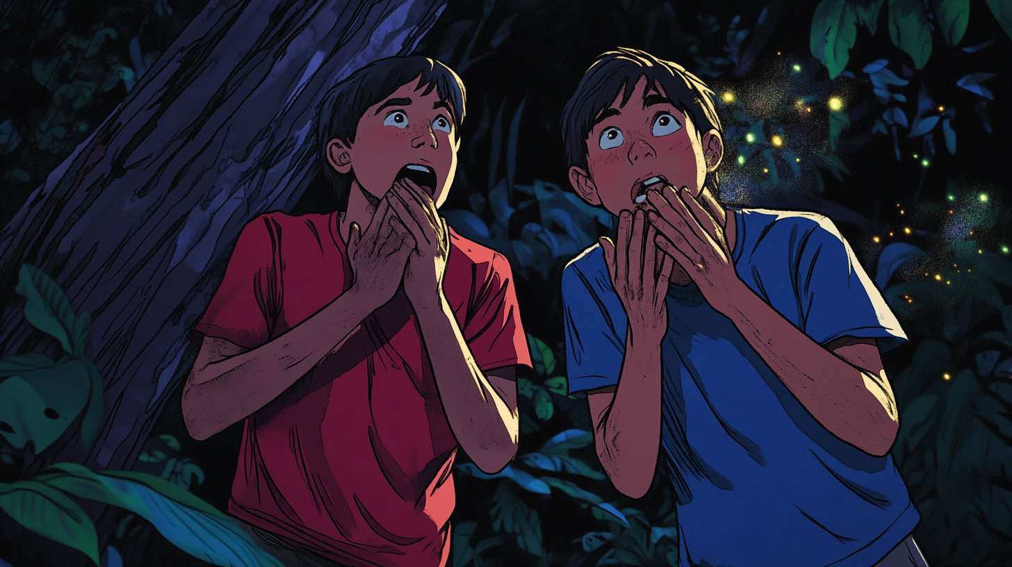 James and Mark shouting in dark jungle at night.