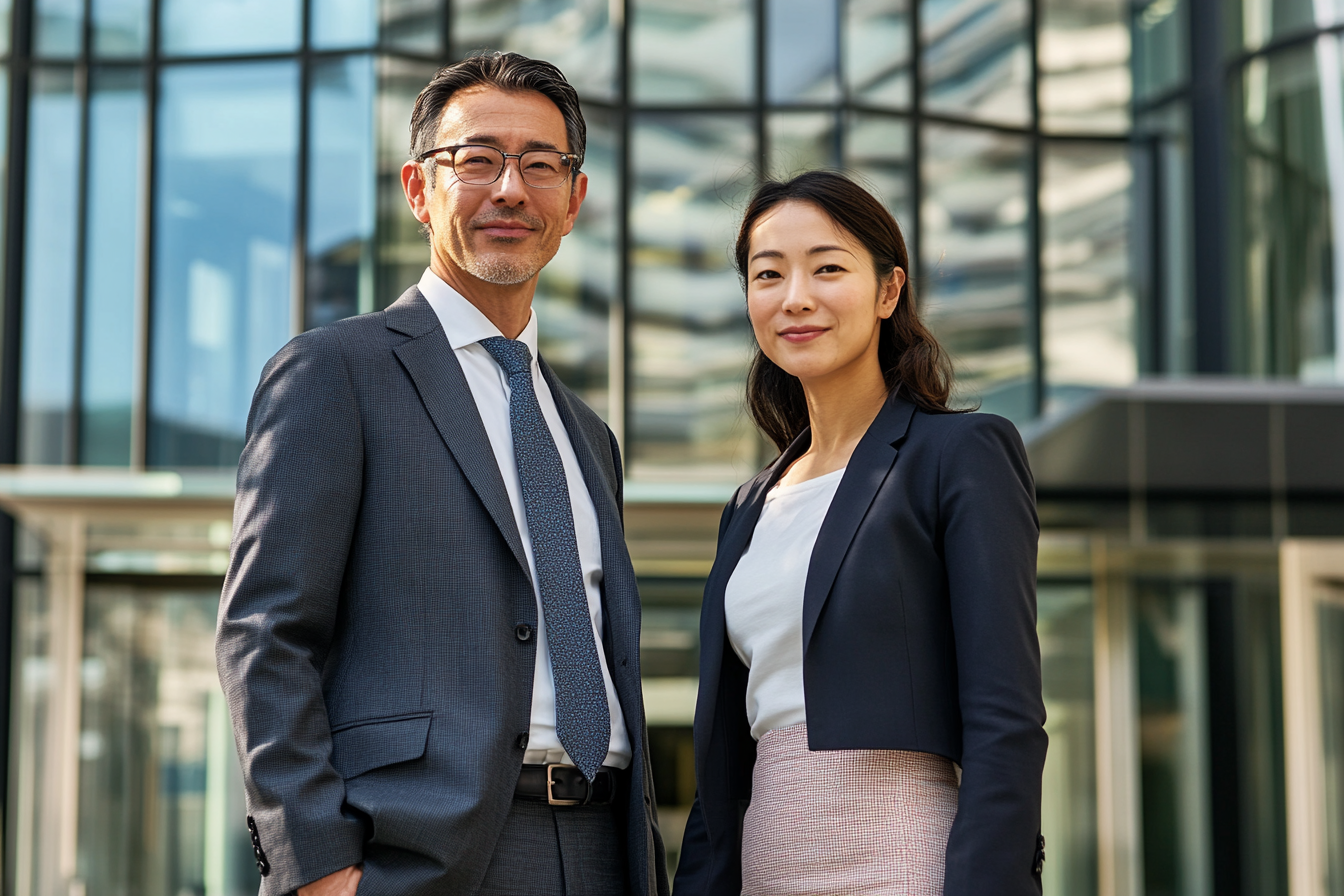 Japanese Business Professionals in Front of Headquarters Building