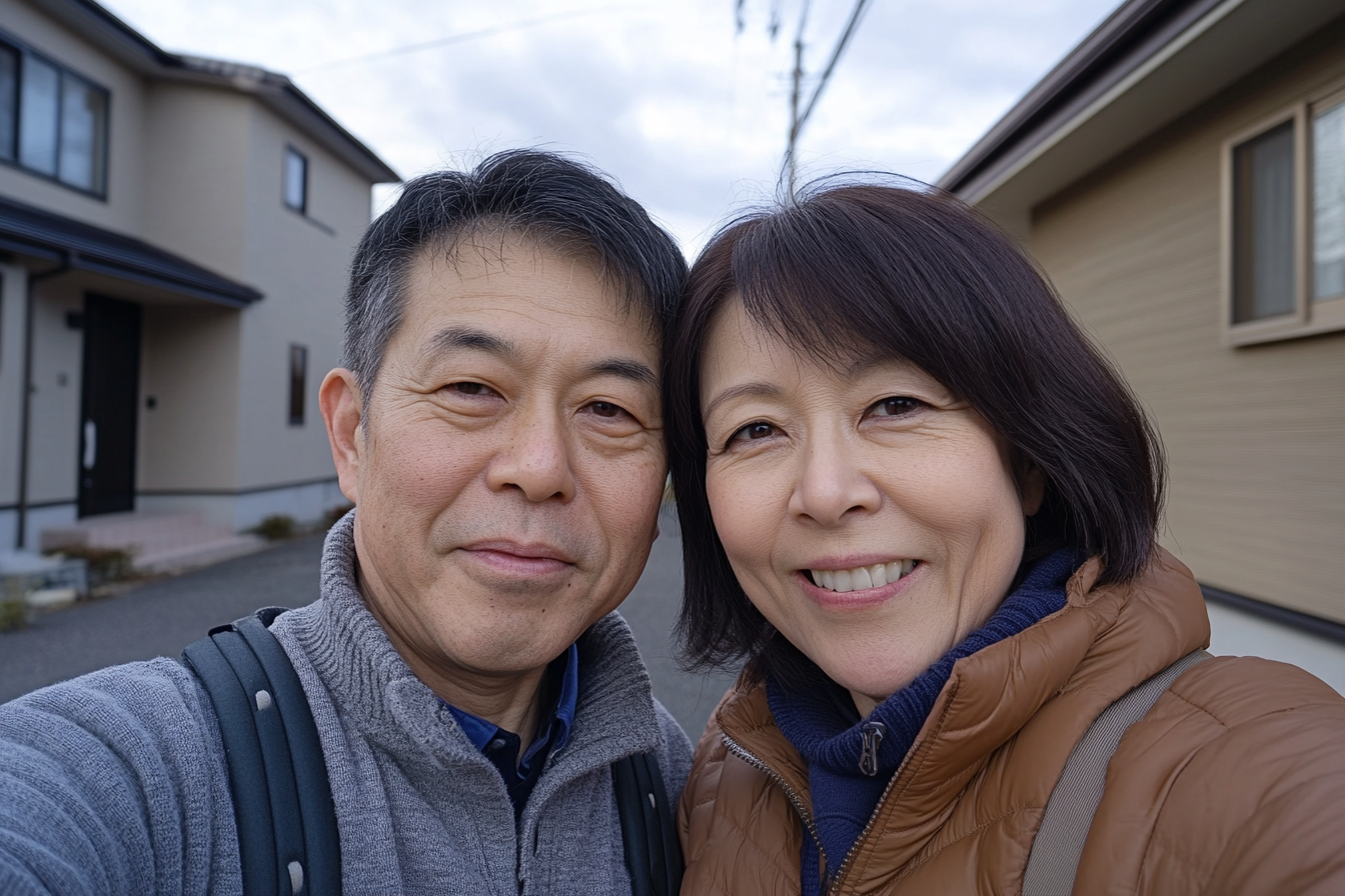 Japanese Couple with Youthful Appearance in Front of House