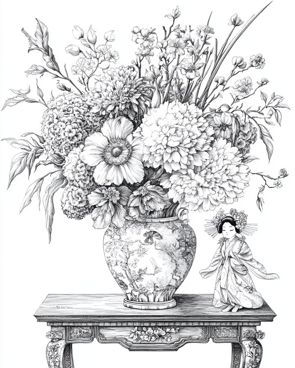 Japanese Flowers in Tall Vase Coloring Page