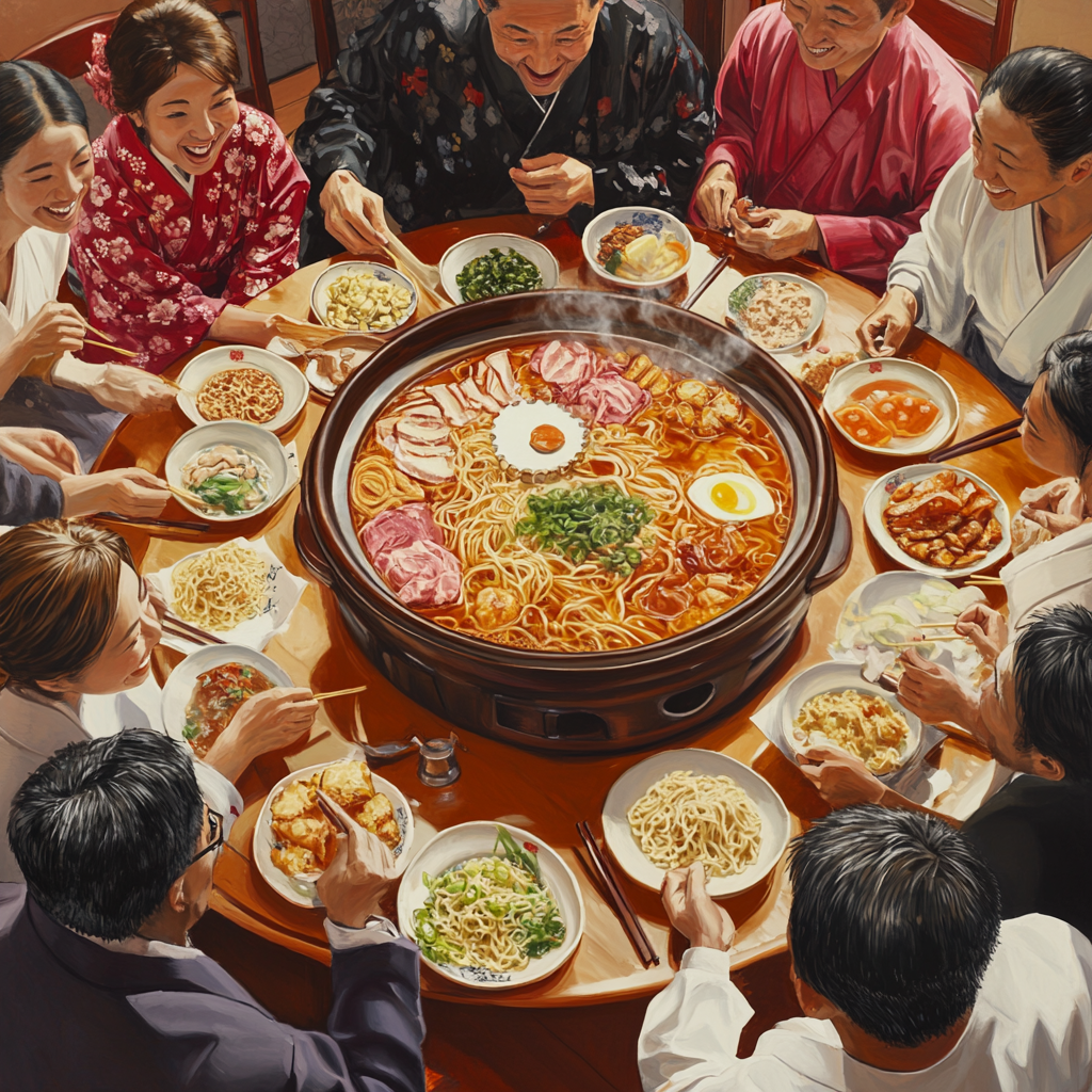 Japanese Men and Women Enjoying Ramen Together