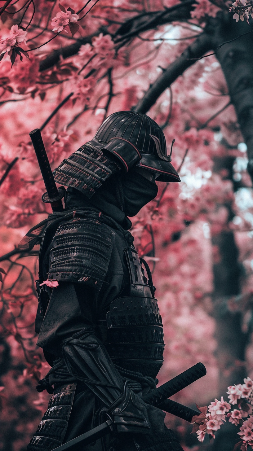 Japanese Ninja Samurai Under Sakura Tree Mobile Wallpaper