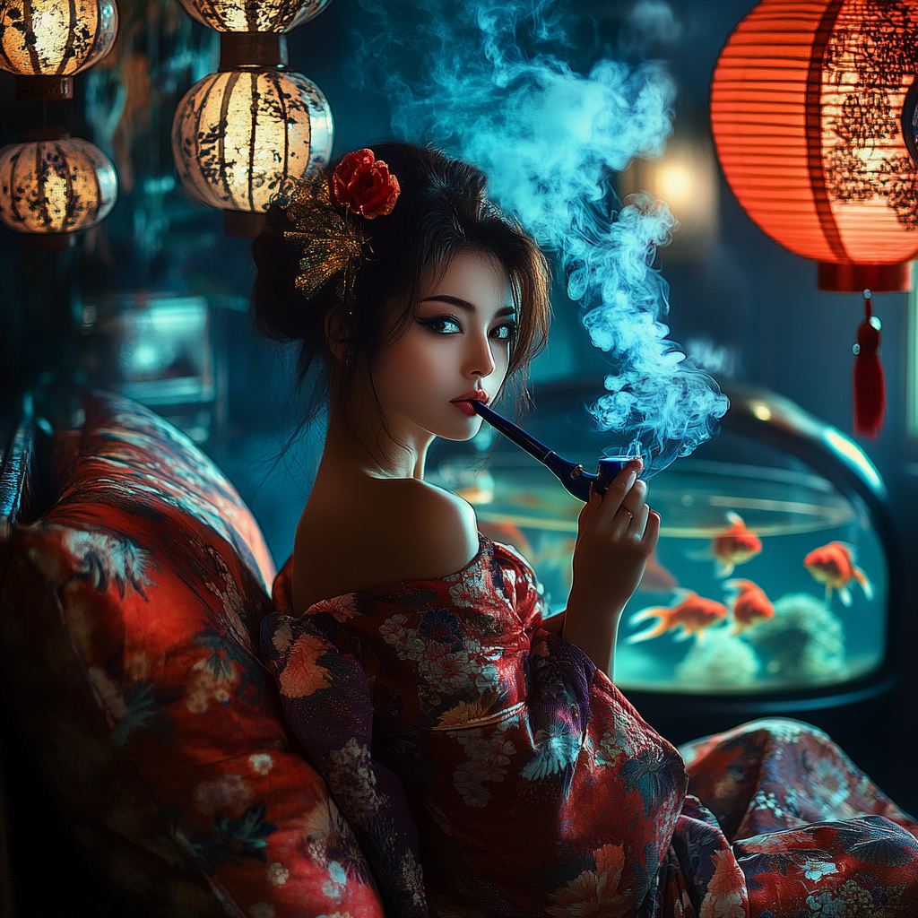 Japanese Oiran Woman Relaxing on Sofa with Smoke Pipe