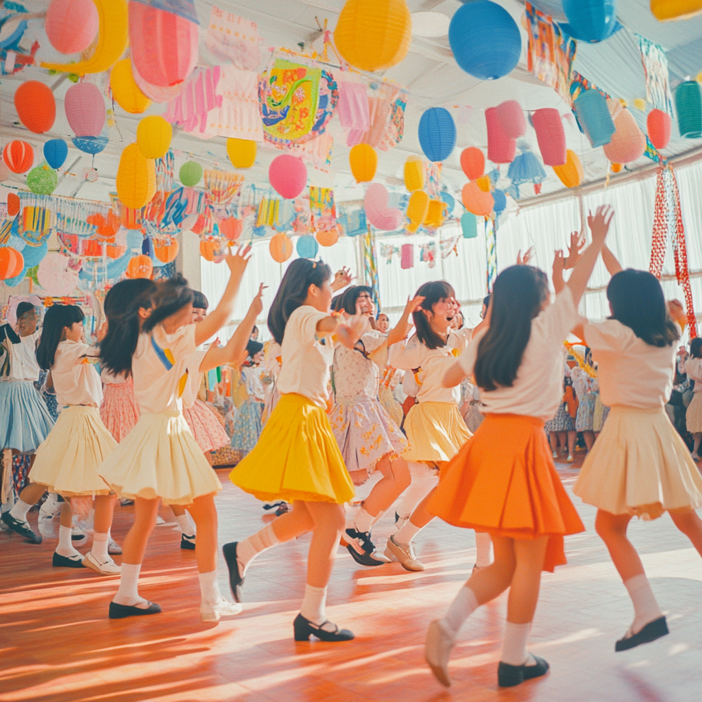 Japanese School Festival With Energetic Students, 1970s Style