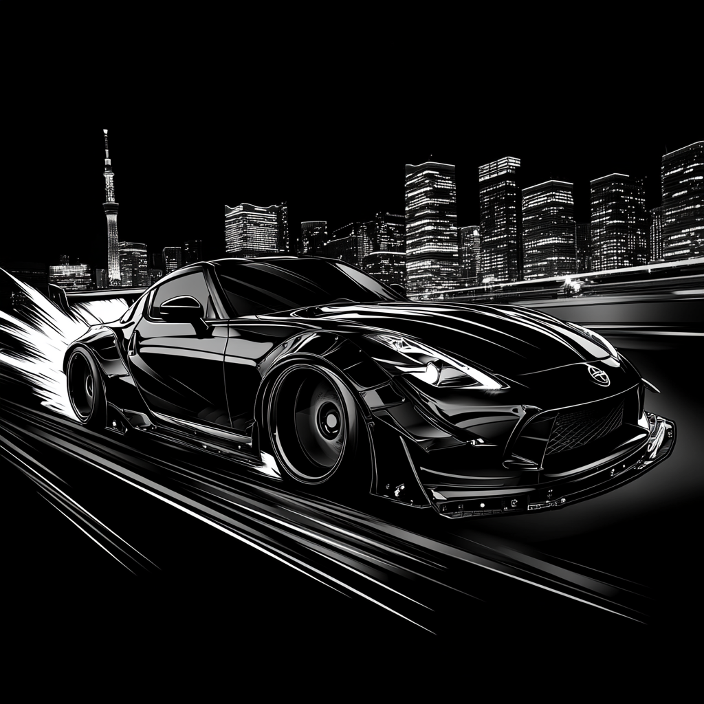 Japanese Sports Car in Cityscape: Black and White