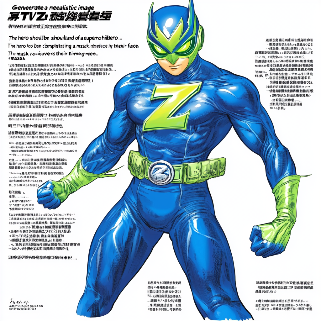 Japanese Superhero in Blue Costume with Lime-Green Mask