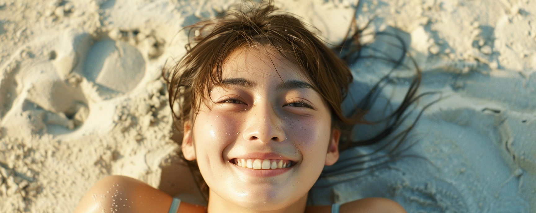 Japanese Teen Playing in Sand, Smiling Portrait Photo