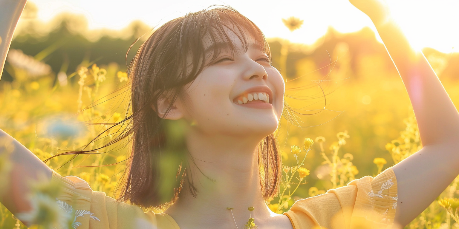 Japanese Teen Smiling in Colorful Meadow Photo