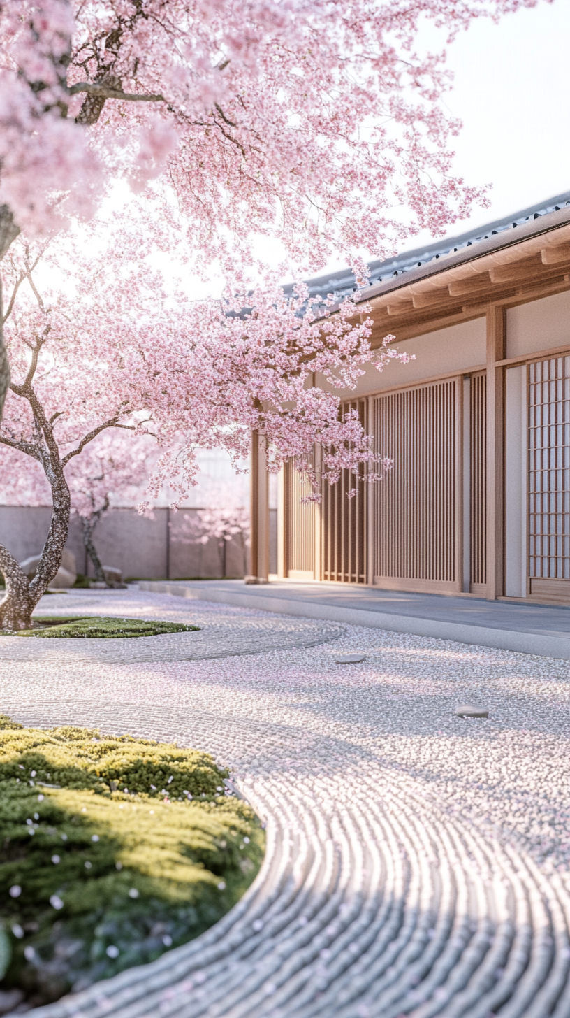 Japanese Temple Garden with Blossoming Cherry Tree