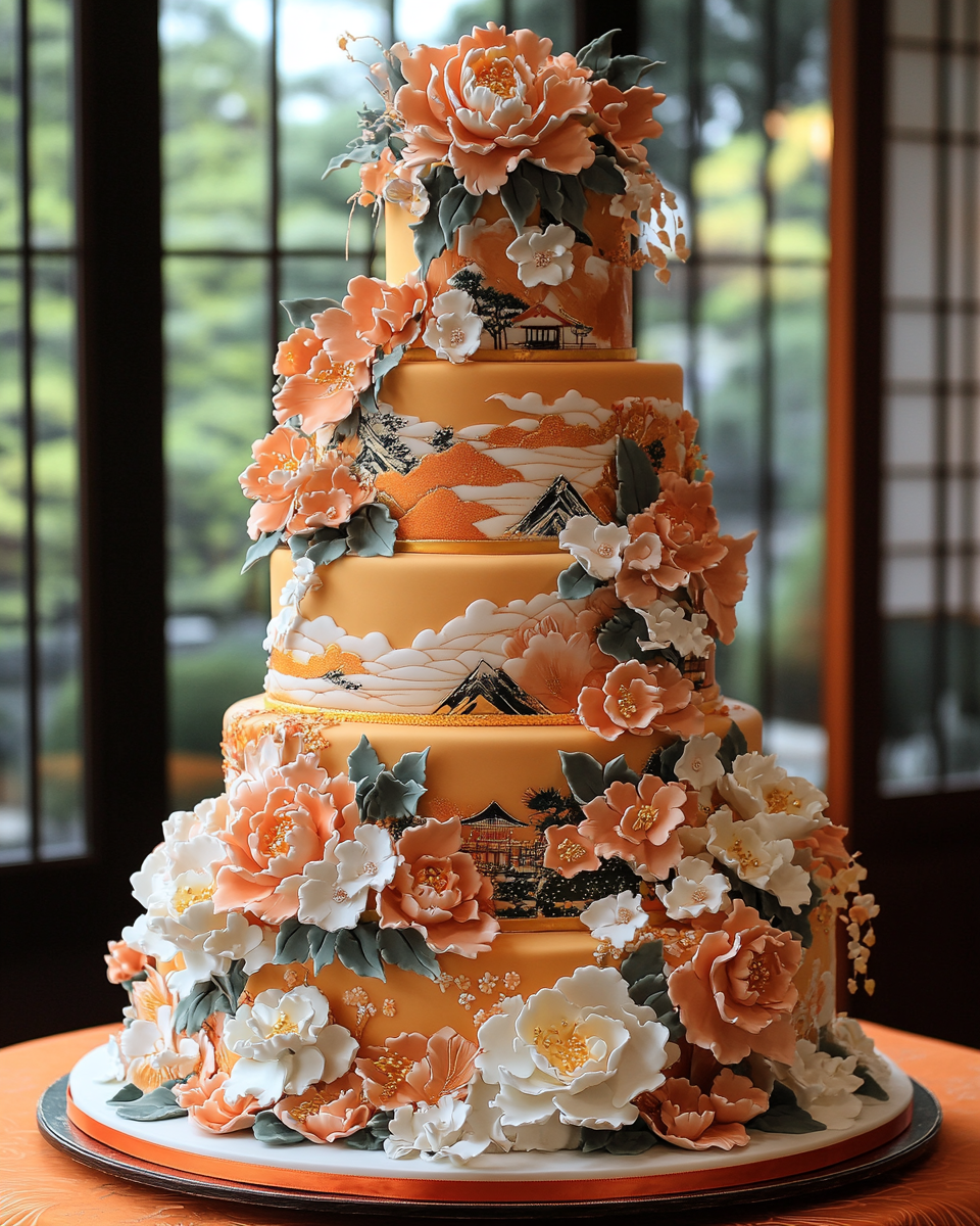 Japanese Wedding Cake with Kimono Designs in Grand Ballroom