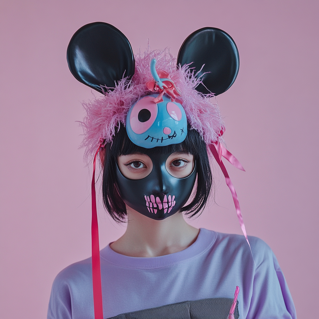 Japanese Woman Wearing Skull Mask and Cute Outfit