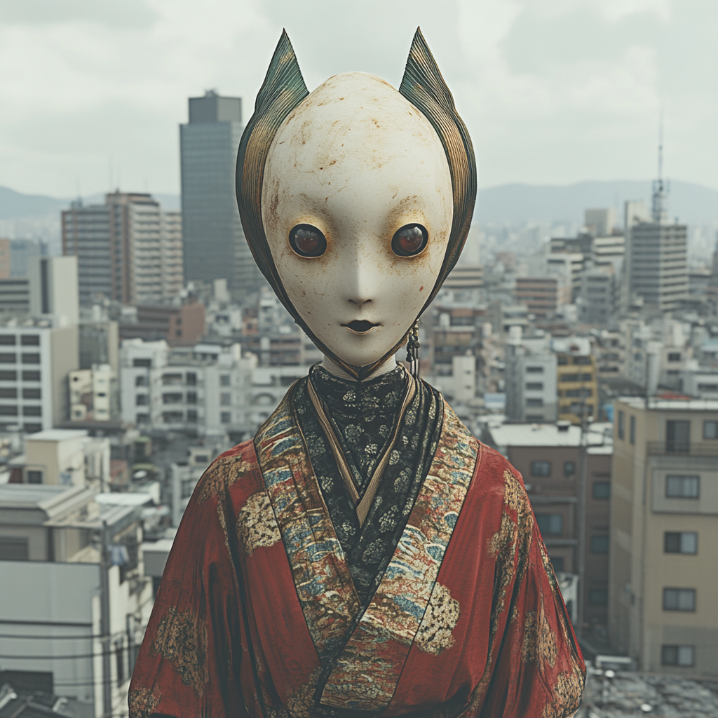 Japanese Yokai Giant Face Floating Edo Cityscape 4k