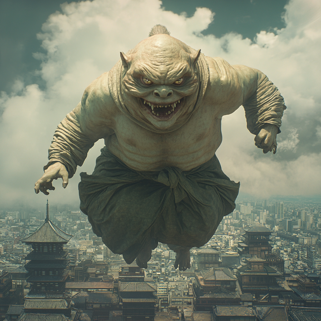 Japanese Yokai Giant Face Floating in Edo Cityscape