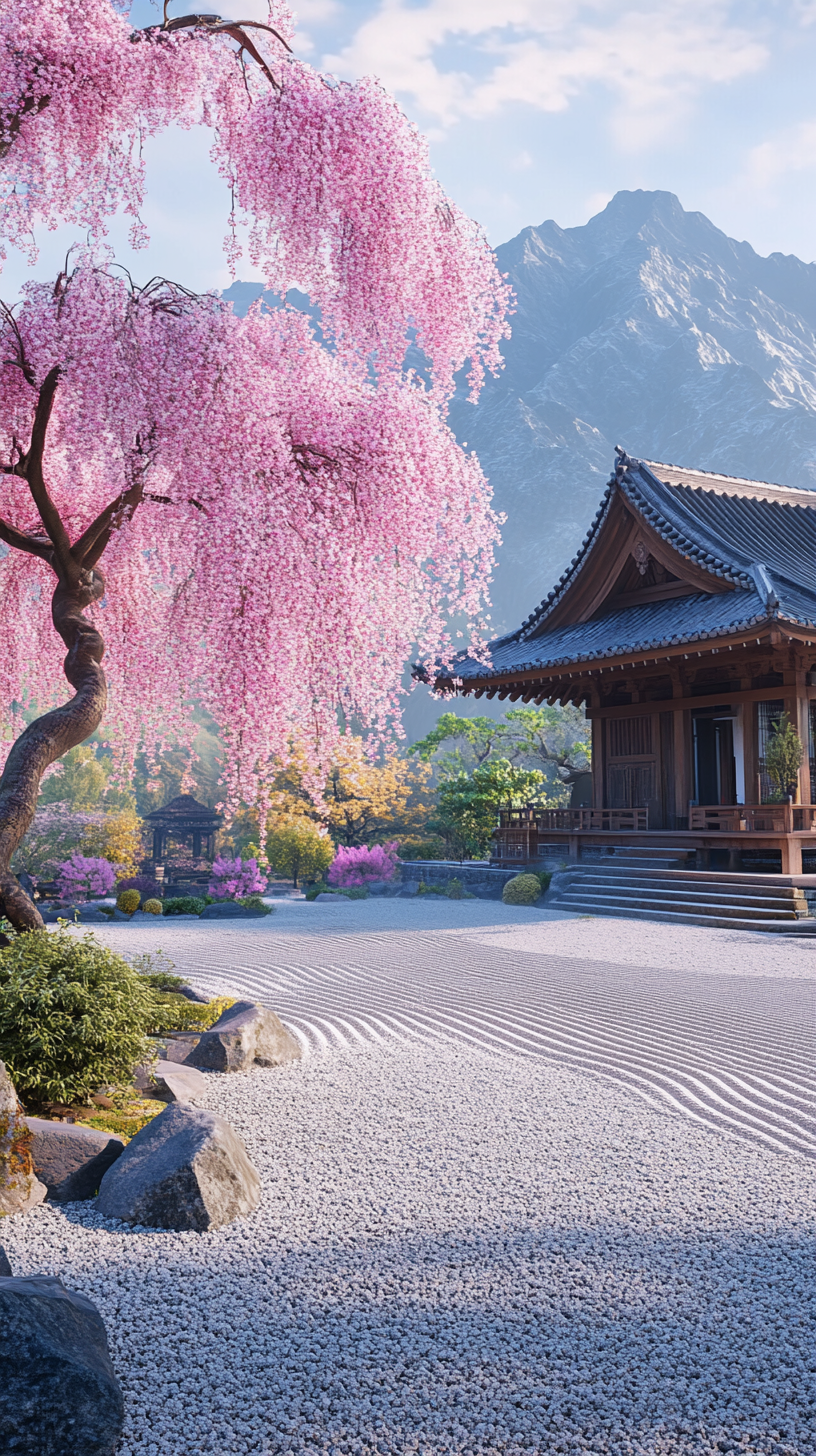 Japanese Zen temple, pink cherry blossom tree