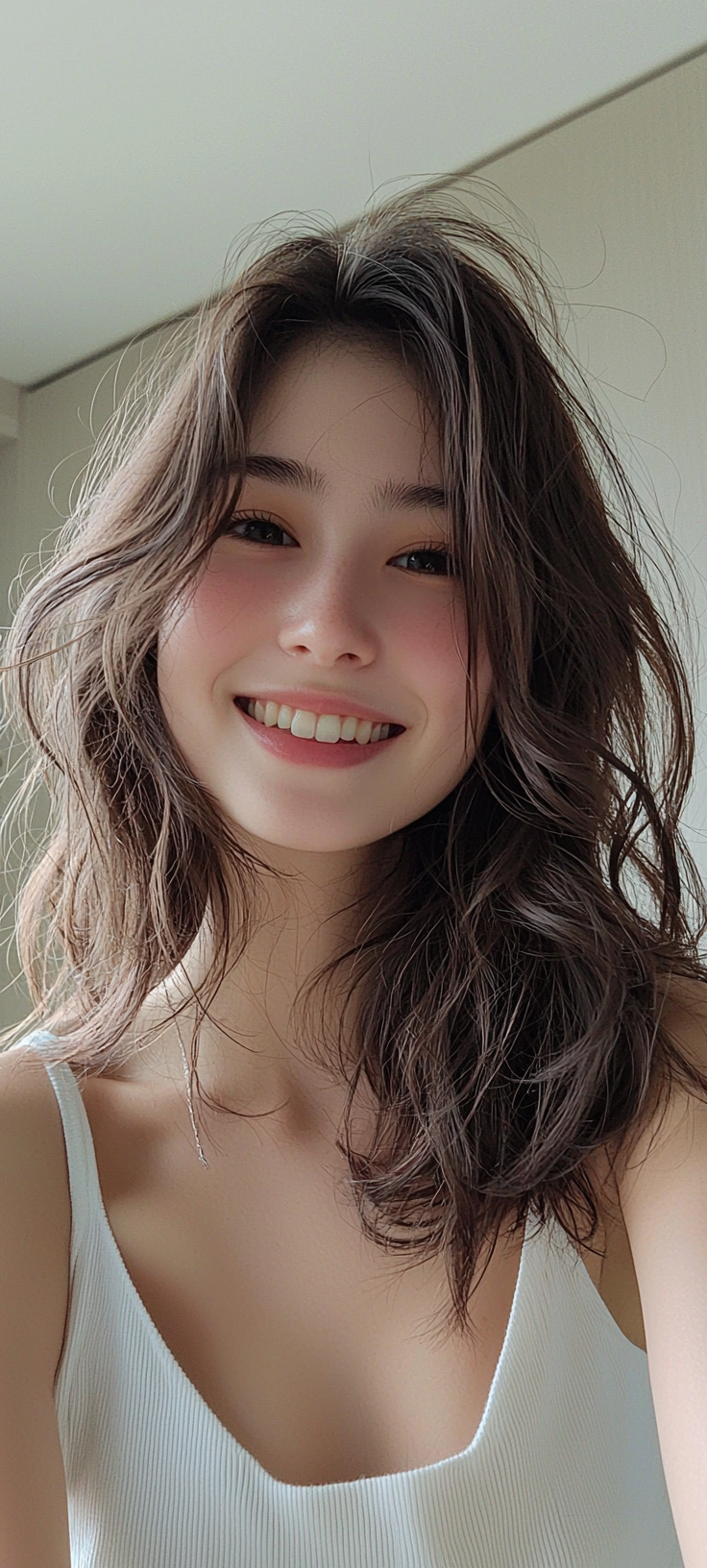 Japanese actress with beautiful hair smiling professionally filmed