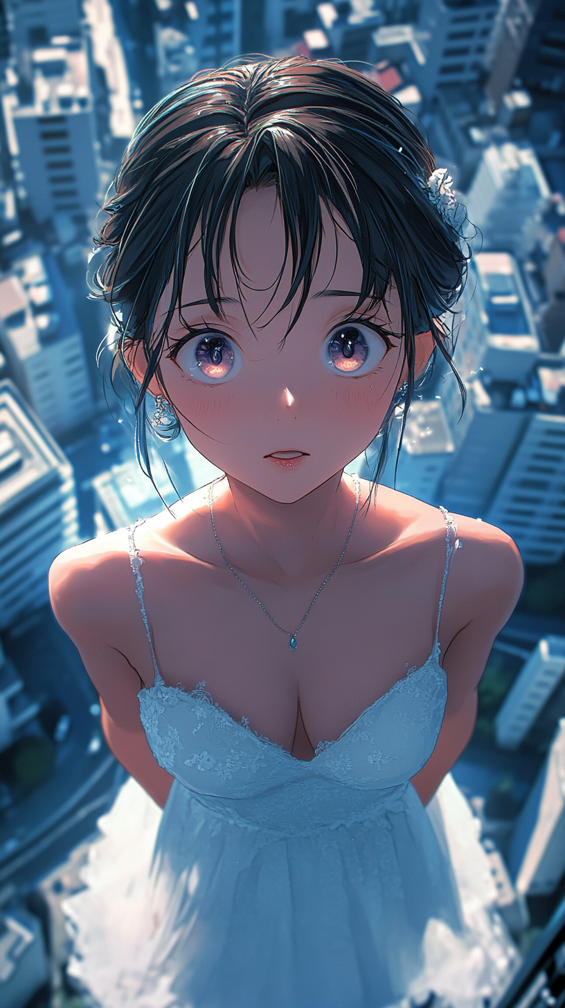 Japanese animation style, beautiful girl with deep eyes, soft makeup, ethereal aura, delicate features, dreamy gaze.