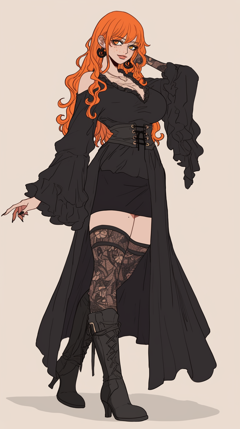 Japanese anime style drawing of Nami in gothic clothing.