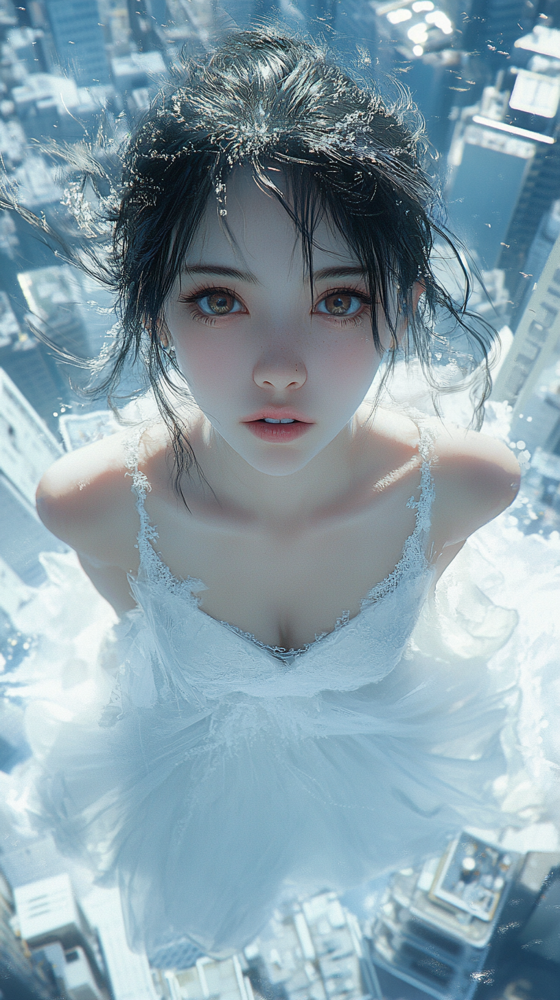 Japanese anime style: beautiful girl with deep eyes, makeup, ethereal aura, delicate features, white dress. Stands on tall building roof.