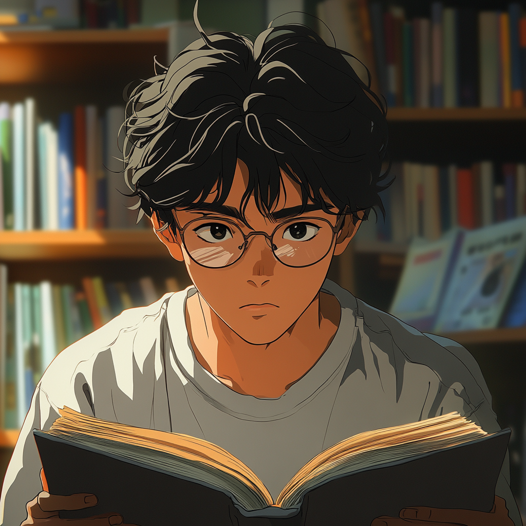 Japanese anime teen studying at home with book