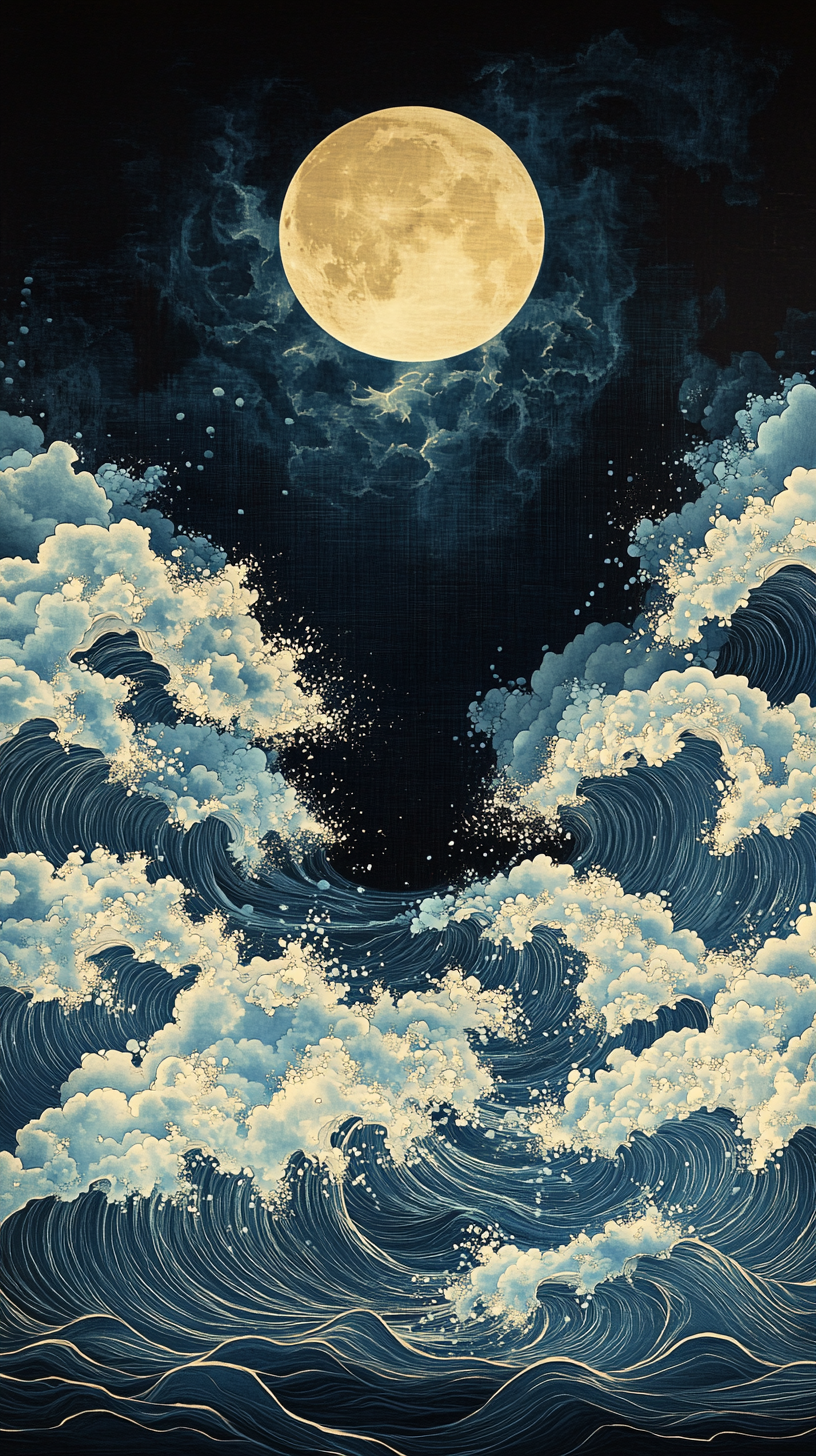 Japanese art of ocean waves under full moon