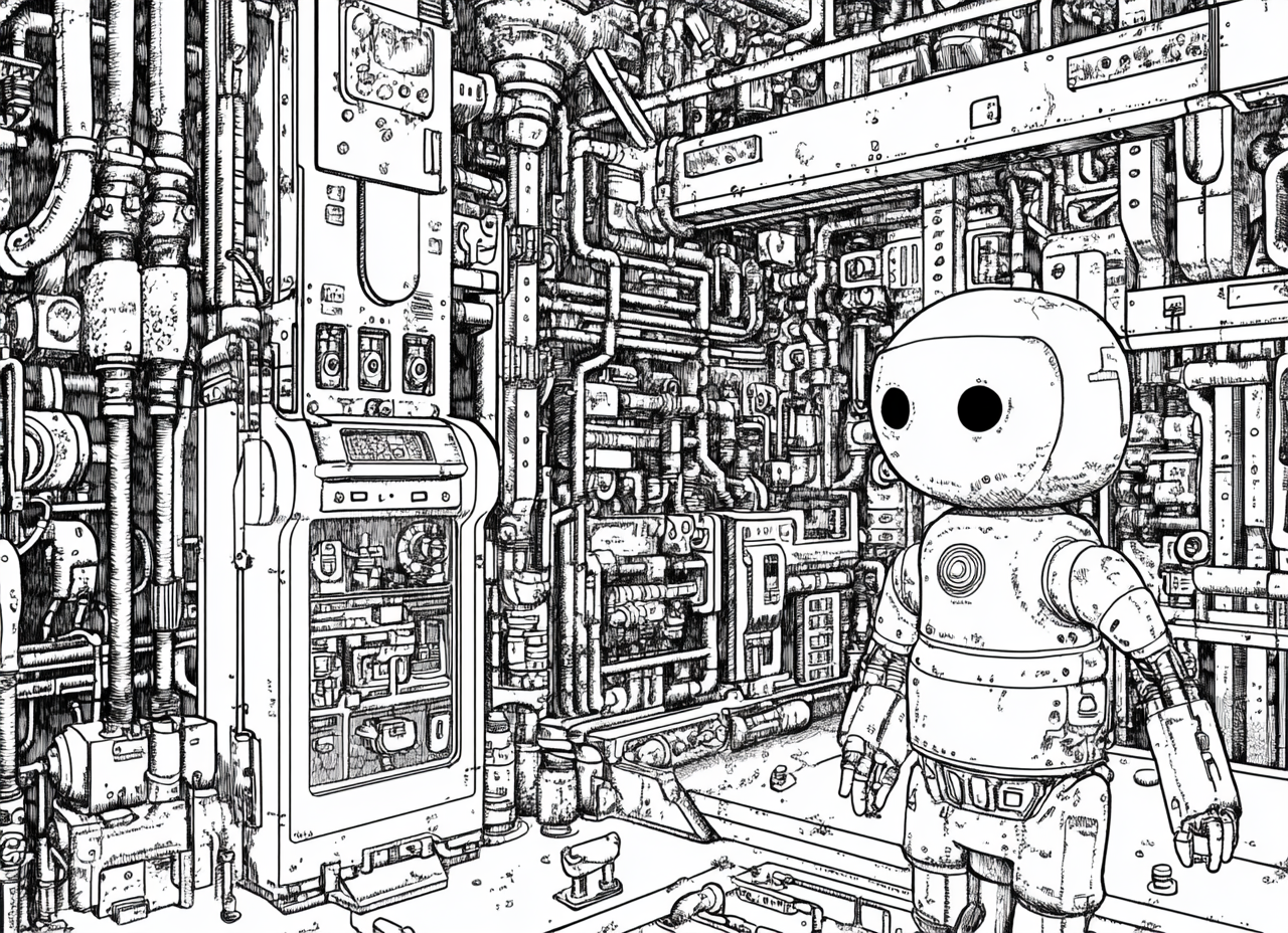 Japanese automation robots and assembly line coloring page.