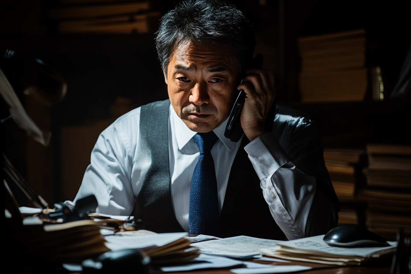 Japanese banker, age 40, in dim office