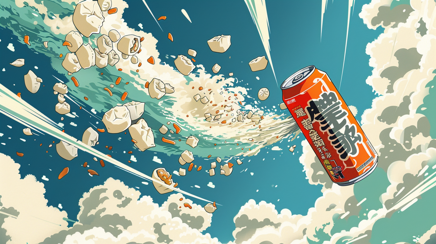 Japanese beer and gyoza dumpling flying in manga sky.