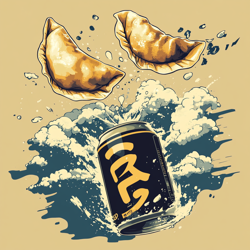 Japanese beer and gyoza soar against graffiti background.