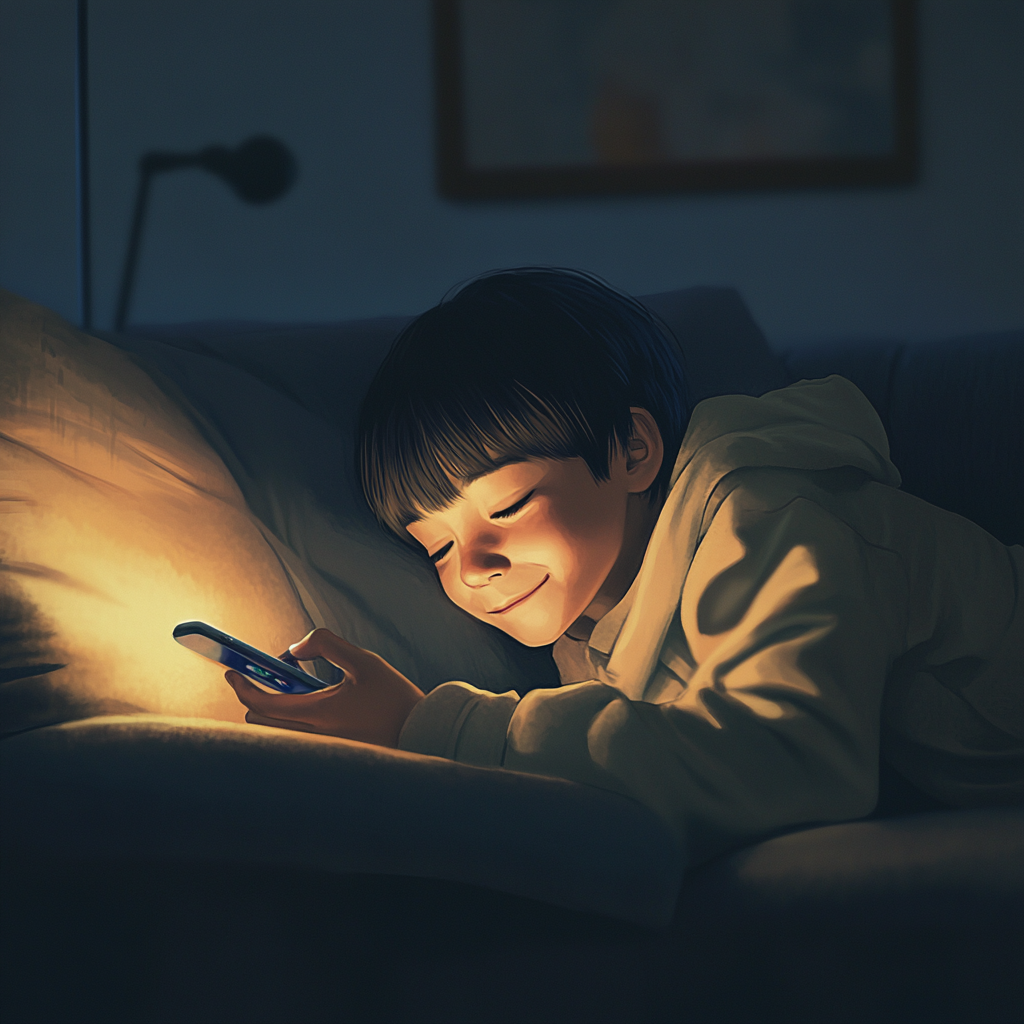 Japanese boy smiles while using phone on living room sofa.