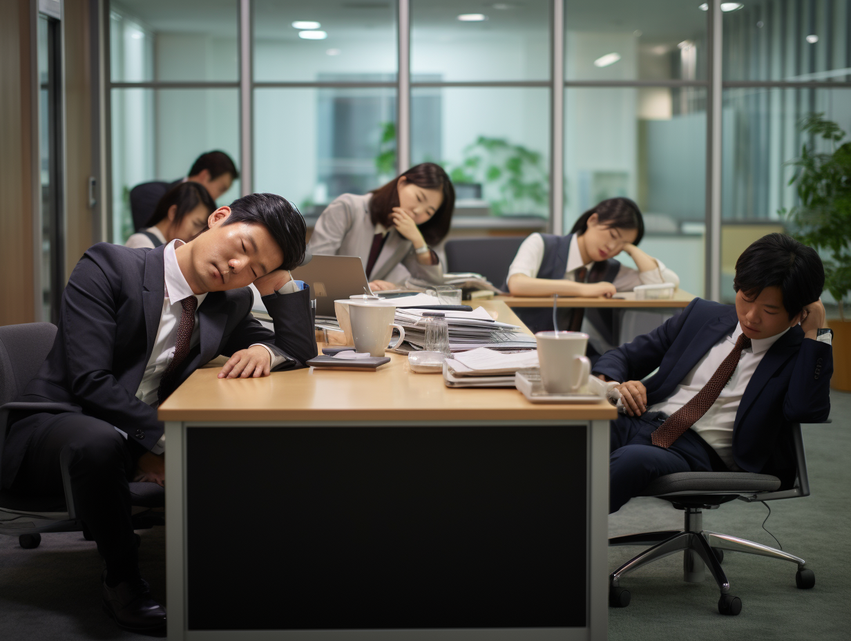 Middle-aged Japanese employees working