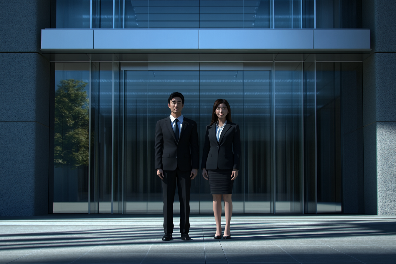 Japanese businessman and woman in front of office