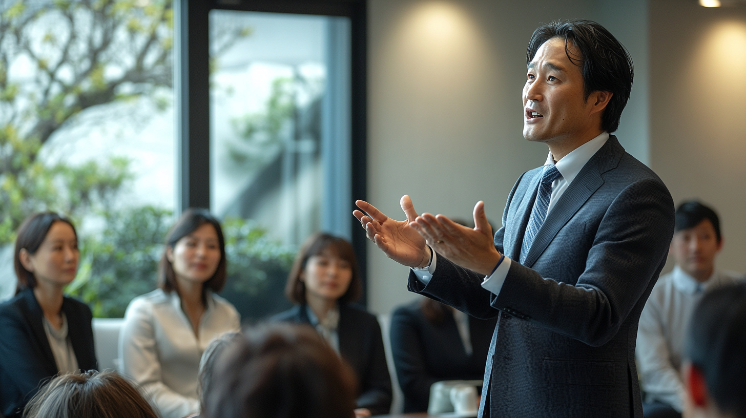 Japanese businessman leading seminar in modern conference room.