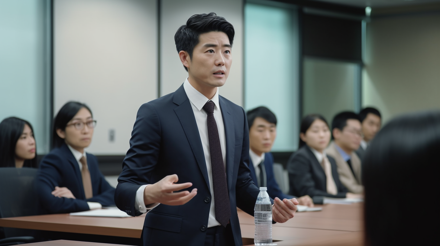 Japanese businessman seminar in modern conference room- Intently listening.