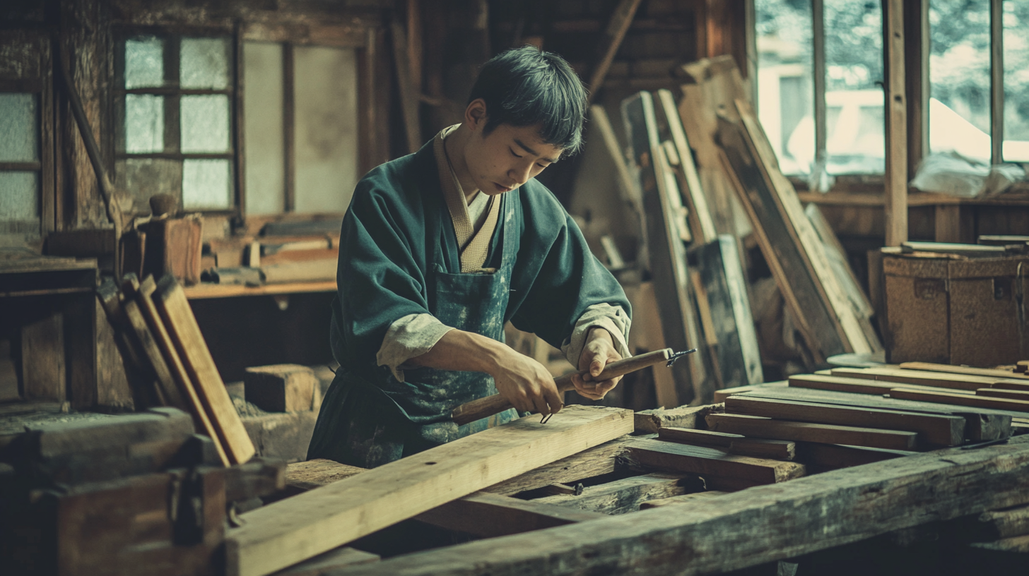 Japanese carpenter hammering nails in traditional workshop