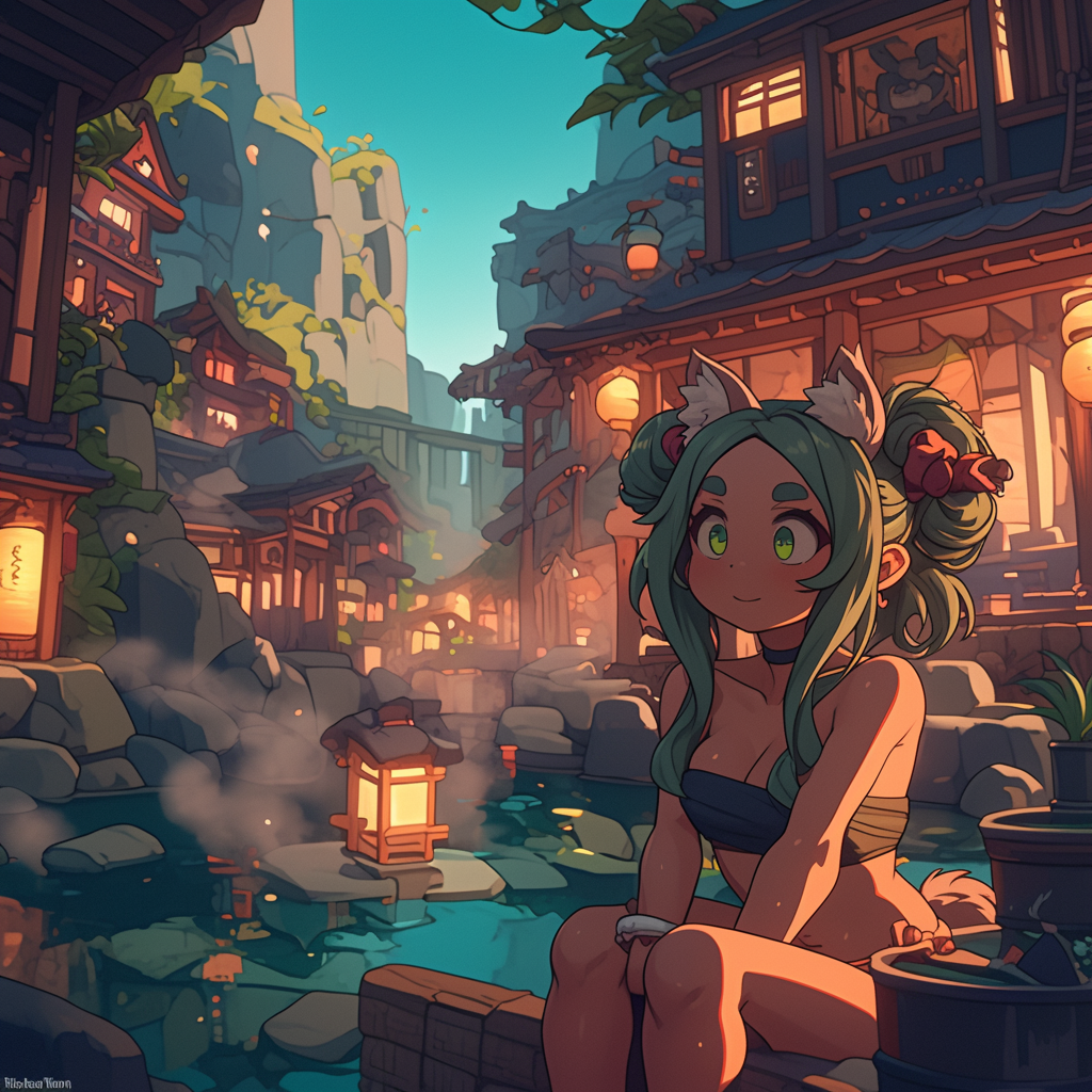 Japanese cat girl in hot spring in town spa.